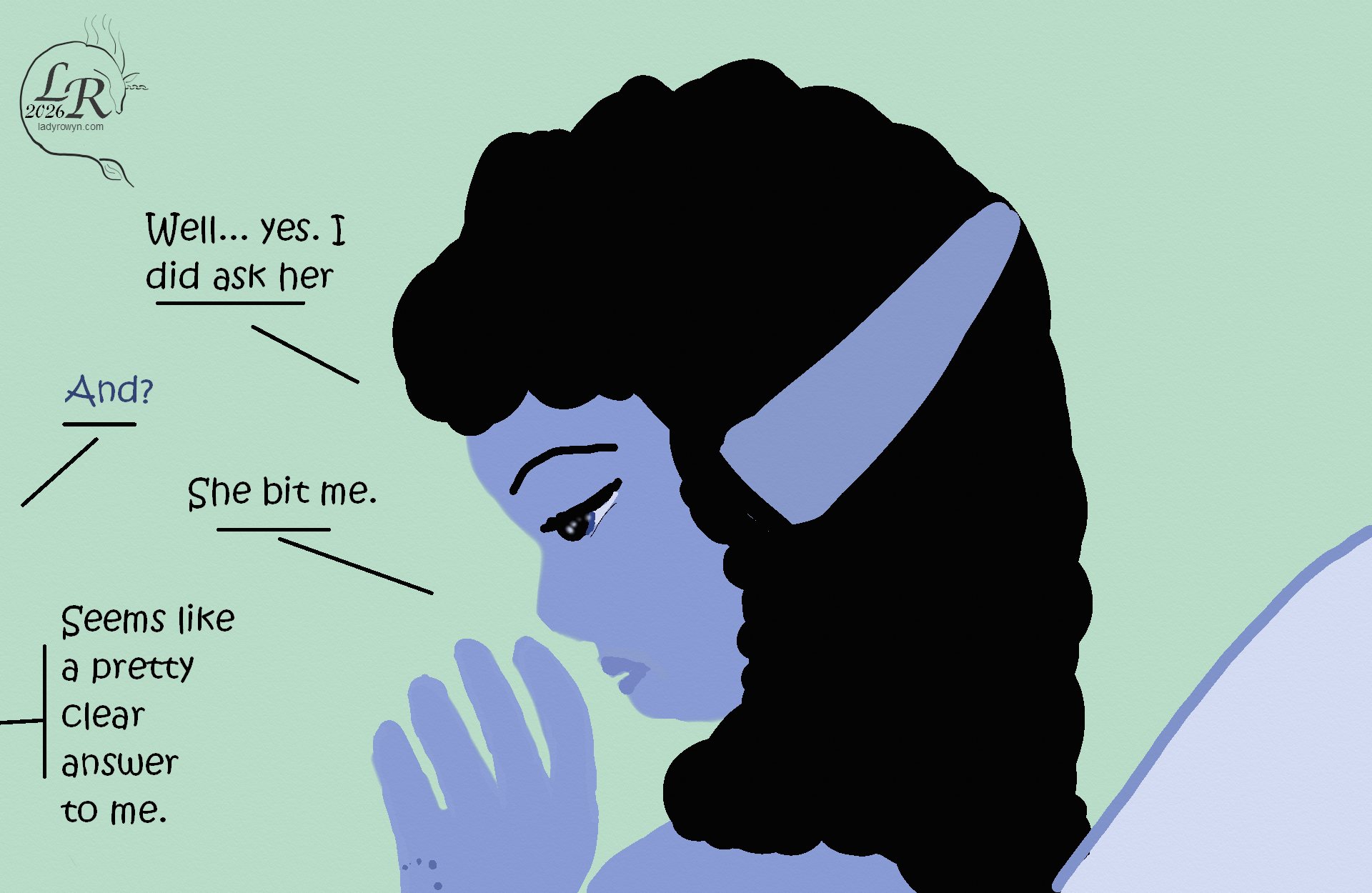 Close-up of simple drawing of a blue woman with dark curly hair, wings, and pointed ears, with one raised hand.

Blue woman: 